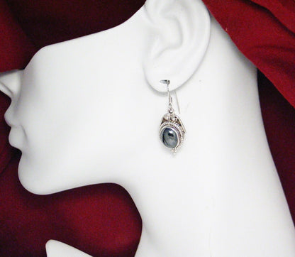 Dangle Earrings, Gray Metallic Style Sterling Silver Oval Hematite Stone Drop Earrings