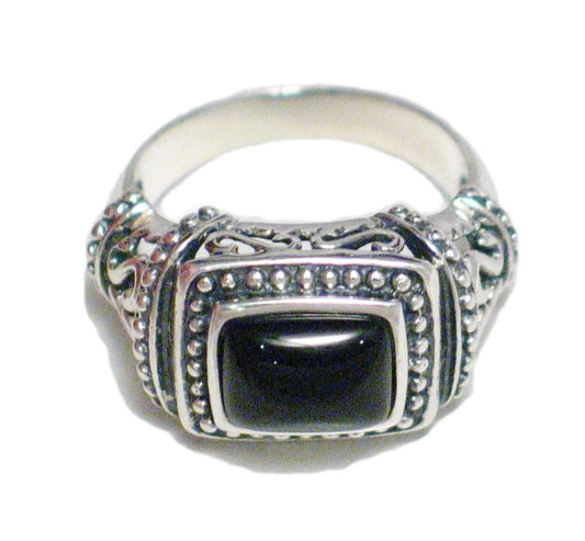 Stone Ring, Sterling Silver sz10 Wide Fancy Filigree Black Onyx Statement Ring