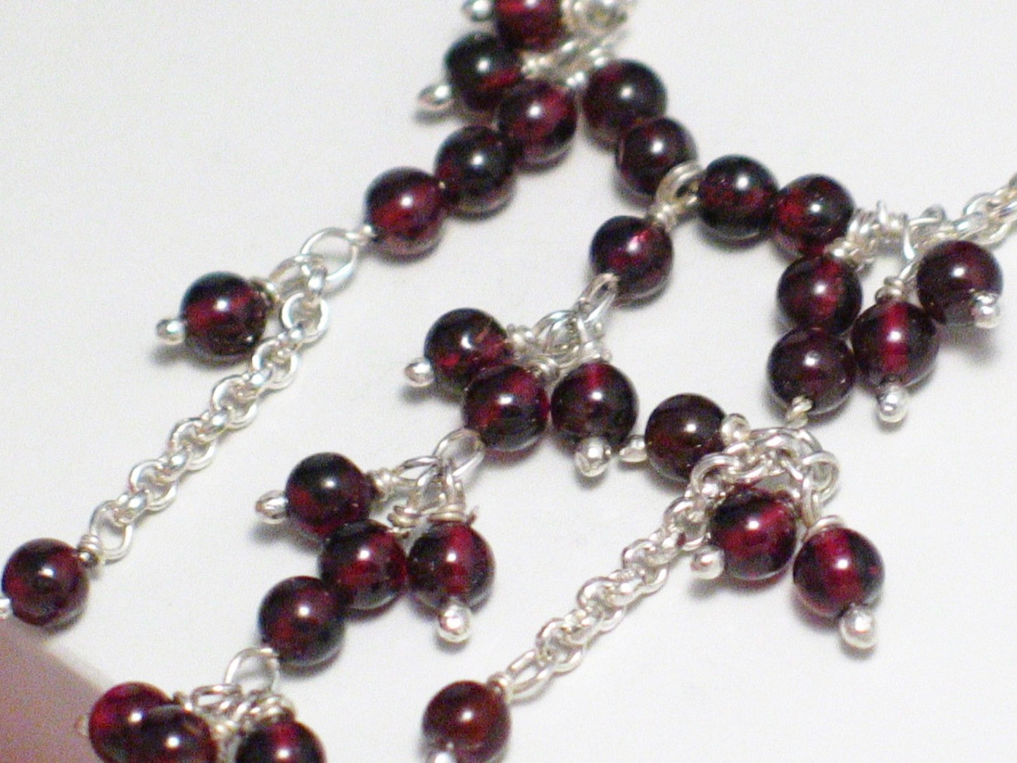 Tassel Necklace, Sterling Silver Cranberry Red Rhodolite Garnet Beaded Necklace