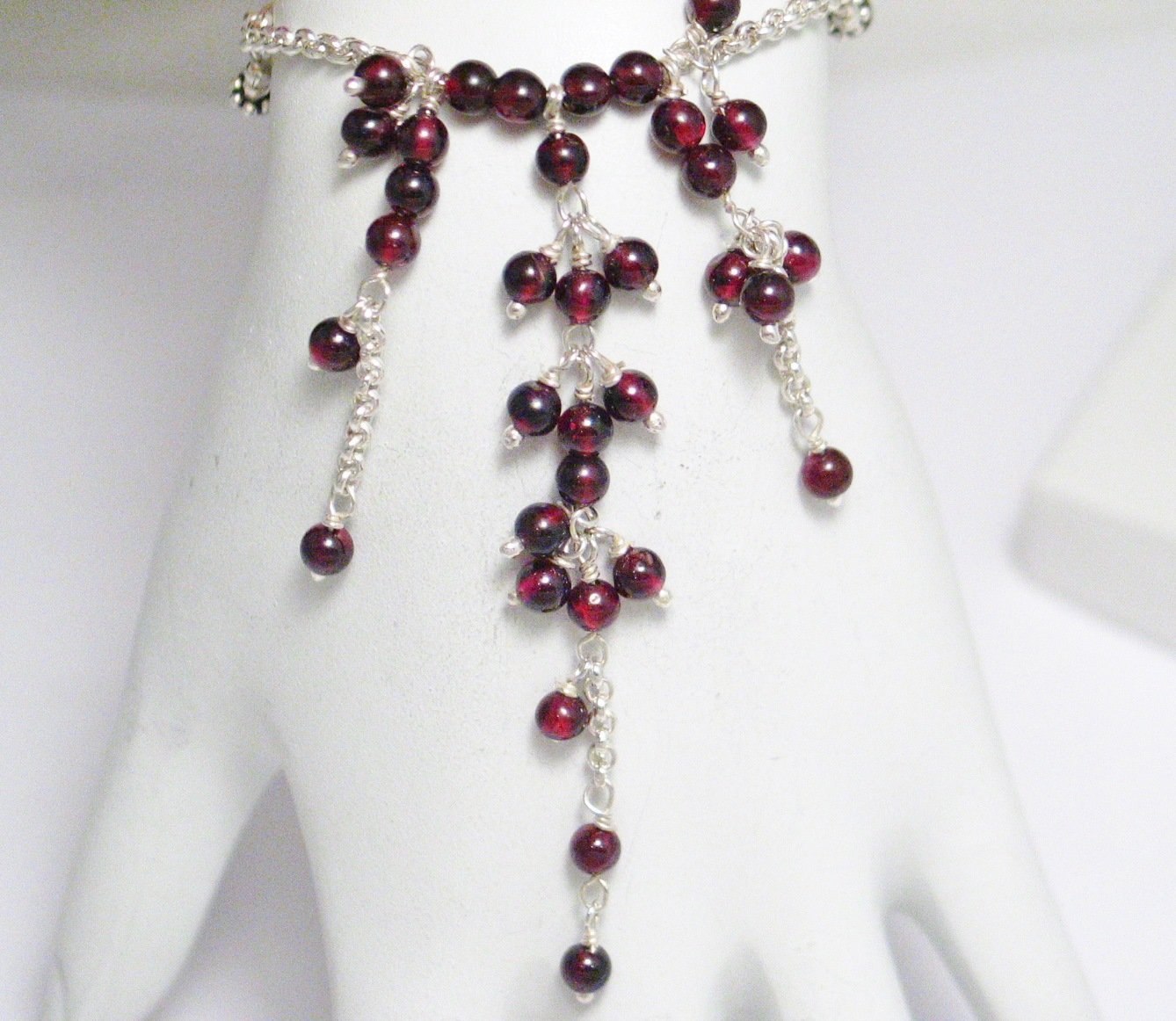 Tassel Necklace, Sterling Silver Cranberry Red Rhodolite Garnet Beaded Necklace