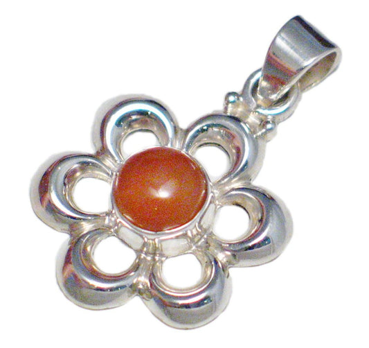 Stone Pendant, Sterling Silver Orange Carnelian Flower Pendant