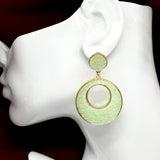 Fashion Jewelry | Gold Kiwi Green Druzy Off Center Circle Design Dangle Earrings 