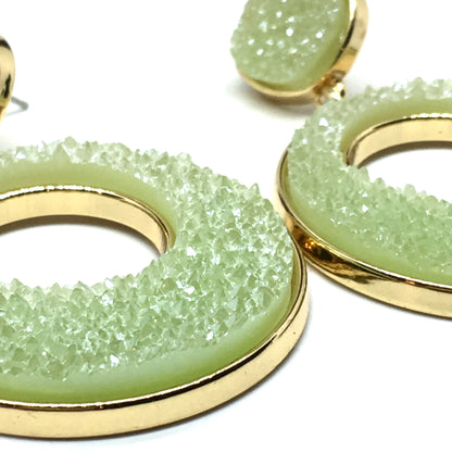Dangle Earrings - Women's Long Gold Kiwi Green Druzy Circle Earrings