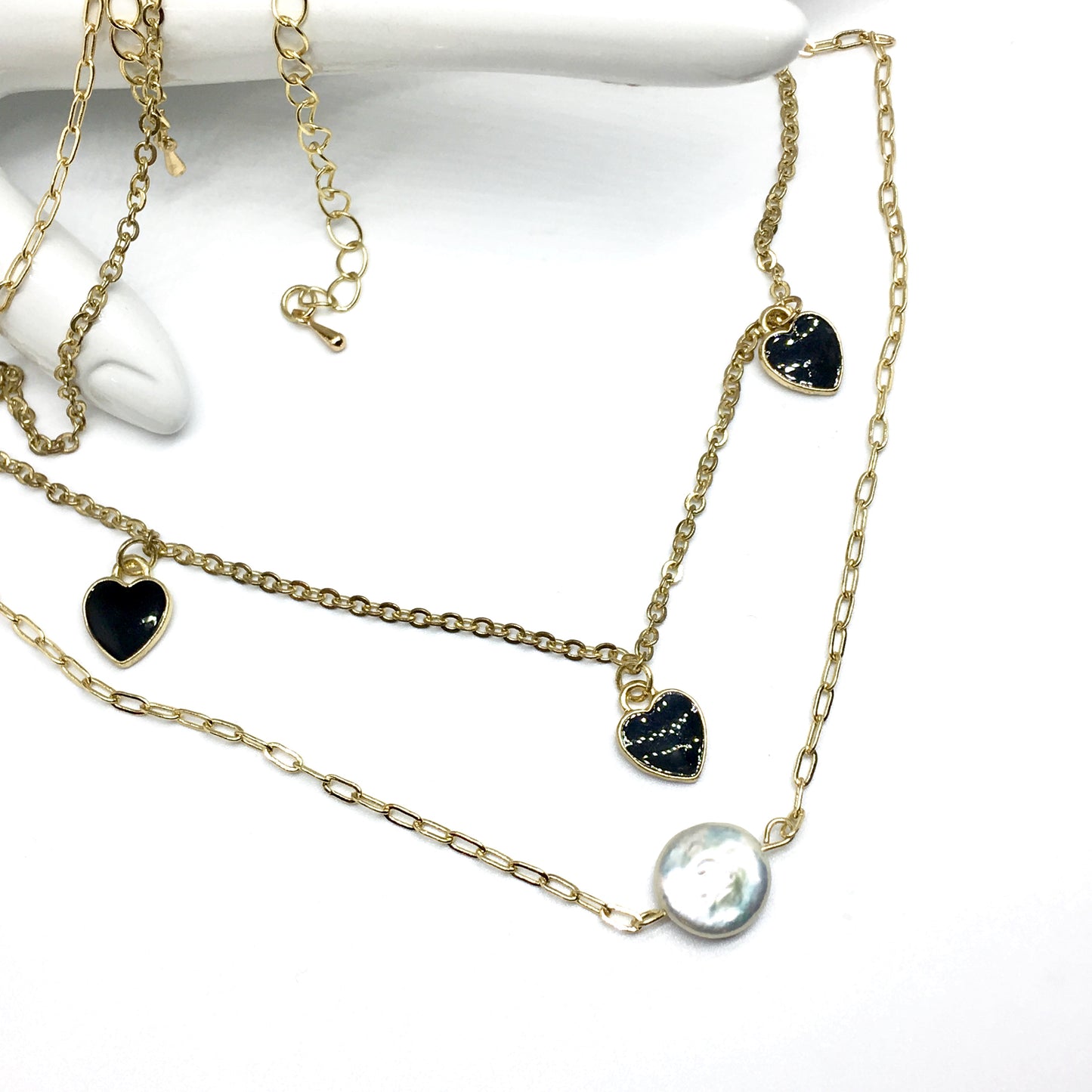 Fashion Jewelry | 14.5in Gold Reversible Black Heart Pearl Station Layering Chain Necklaces