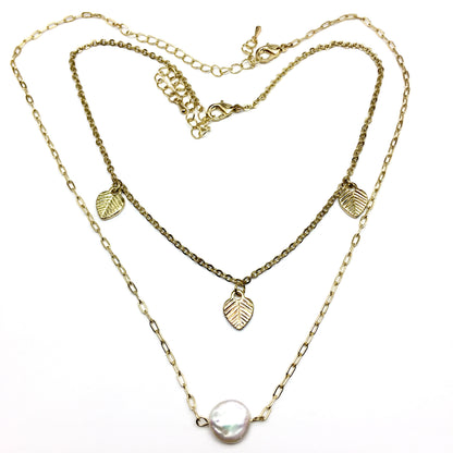 2 Gold Layering Chain Necklaces Reversible Black Heart & Pearl 19in - 14.5in