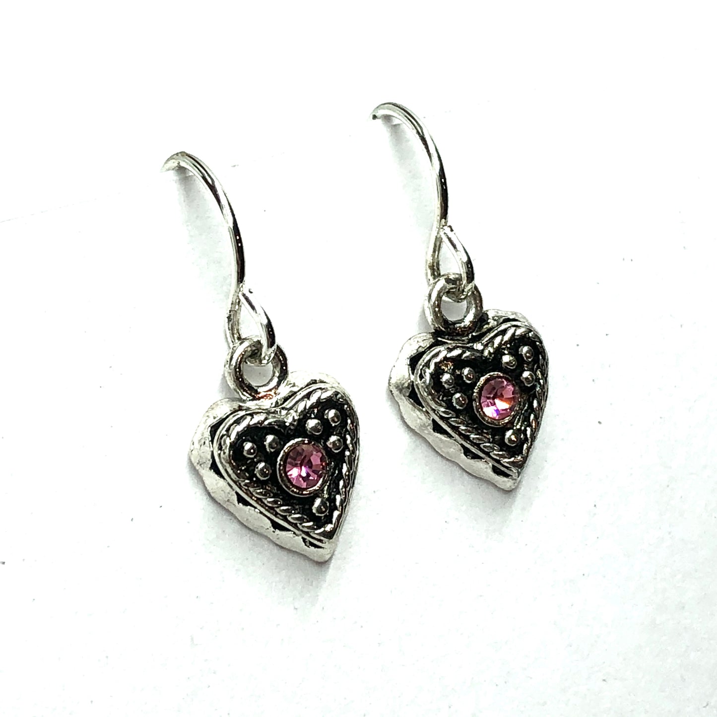 Jewelry | Girls Womens Silver Pink Crystal Small Heart Dangle Earrings