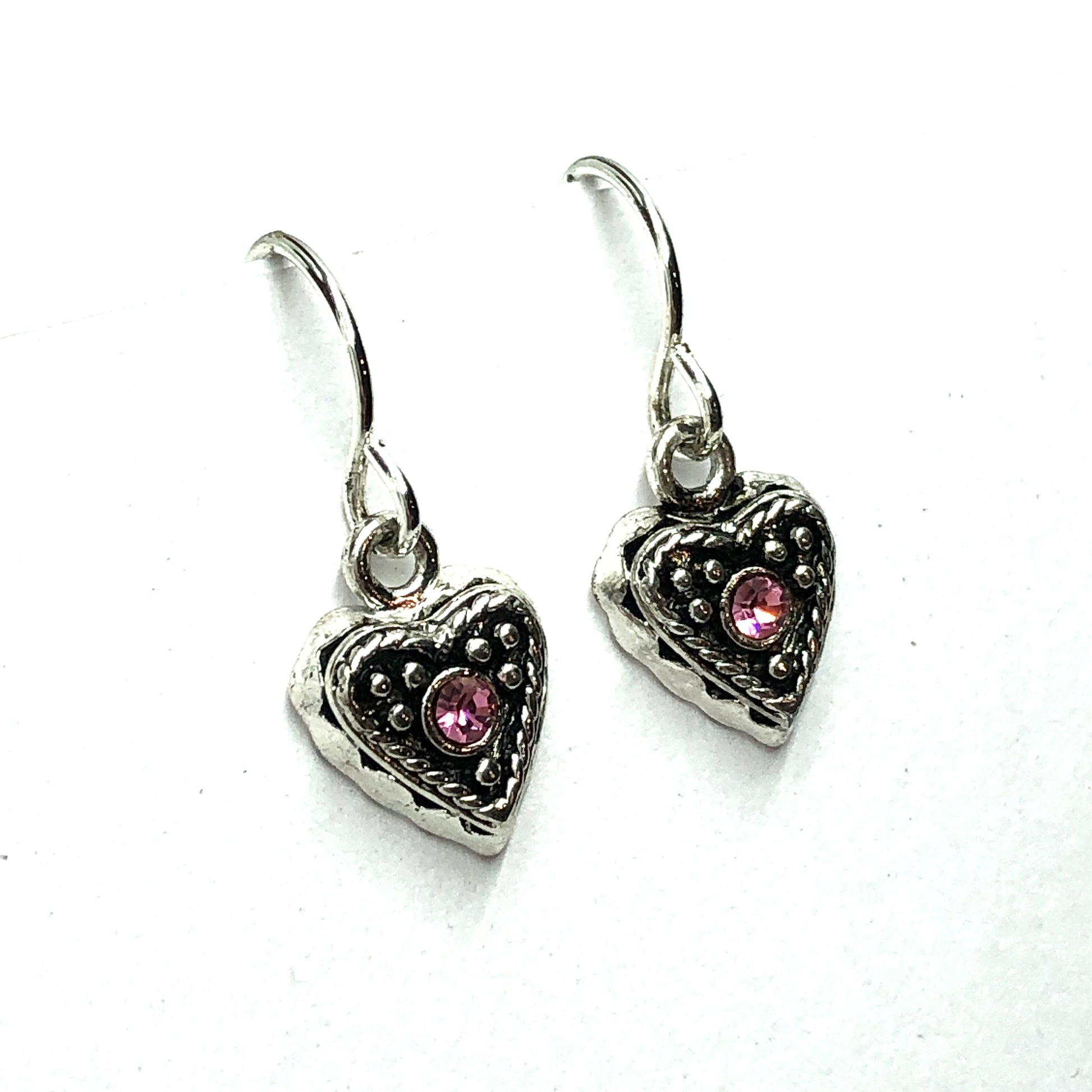 Jewelry | Girls Womens Silver Pink Crystal Small Heart Dangle Earrings