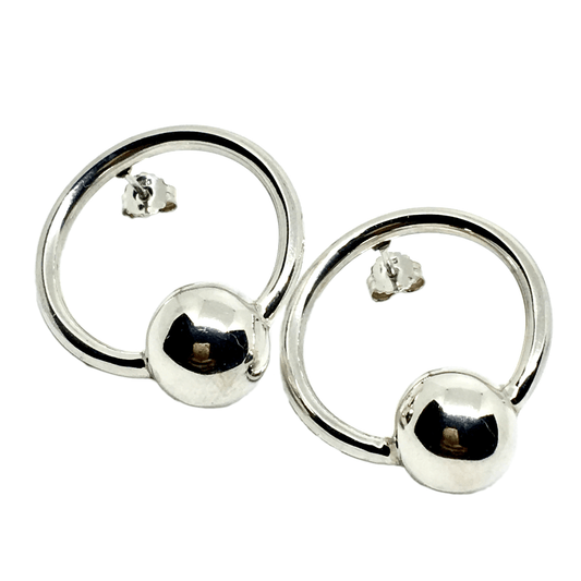Sterling Silver Earrings - Vintage 1980s Edgy Doorknocker Style Circle Hoop Drop Earrings