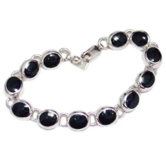 Sterling Silver Bracelet, Mens Womens 7.5" Jet Black Stone Link Tennis Bracelet - Discount Estate Jewelry
