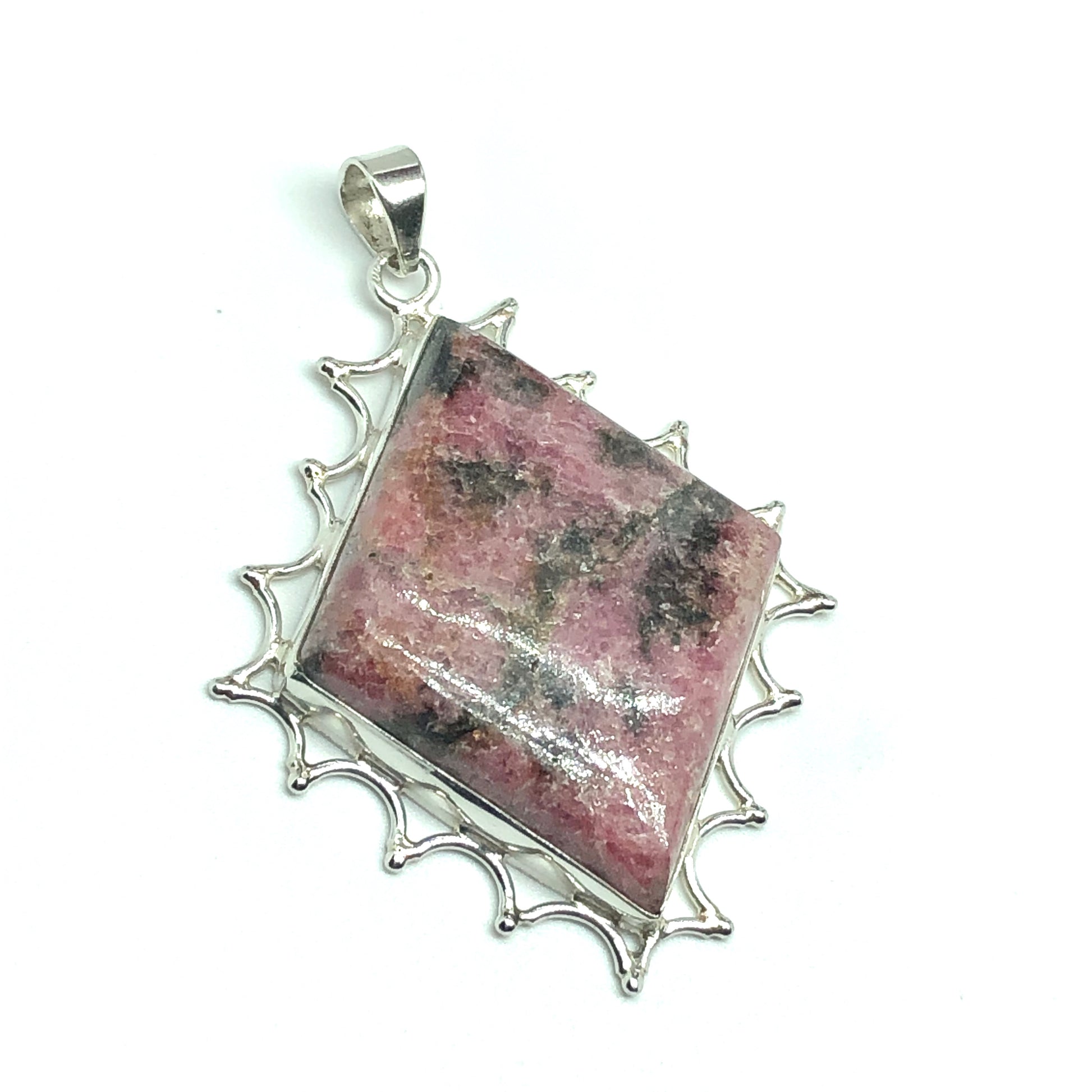Jewelry Pendant | Big Sterling Silver Diamond Design Rhodonite Stone Pendant 