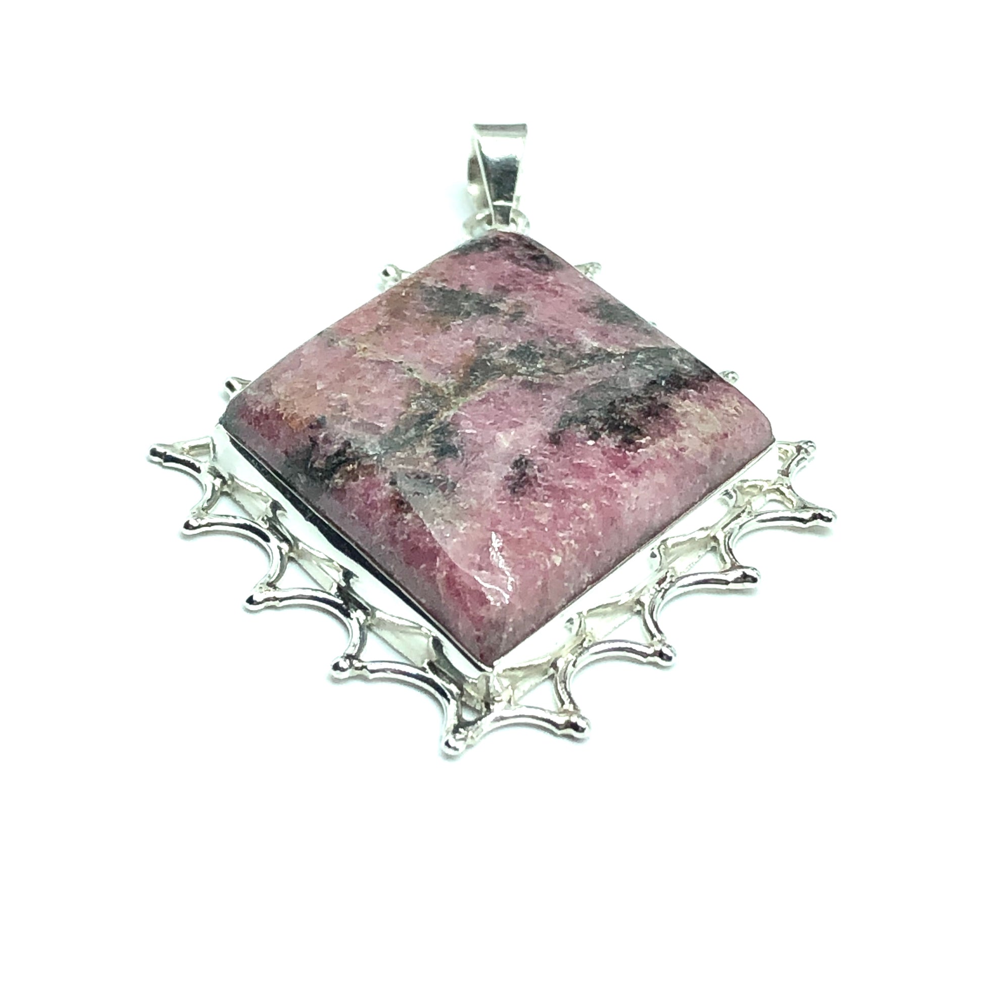 Jewelry Pendant | Big Sterling Silver Diamond Design Rhodonite Stone Pendant 