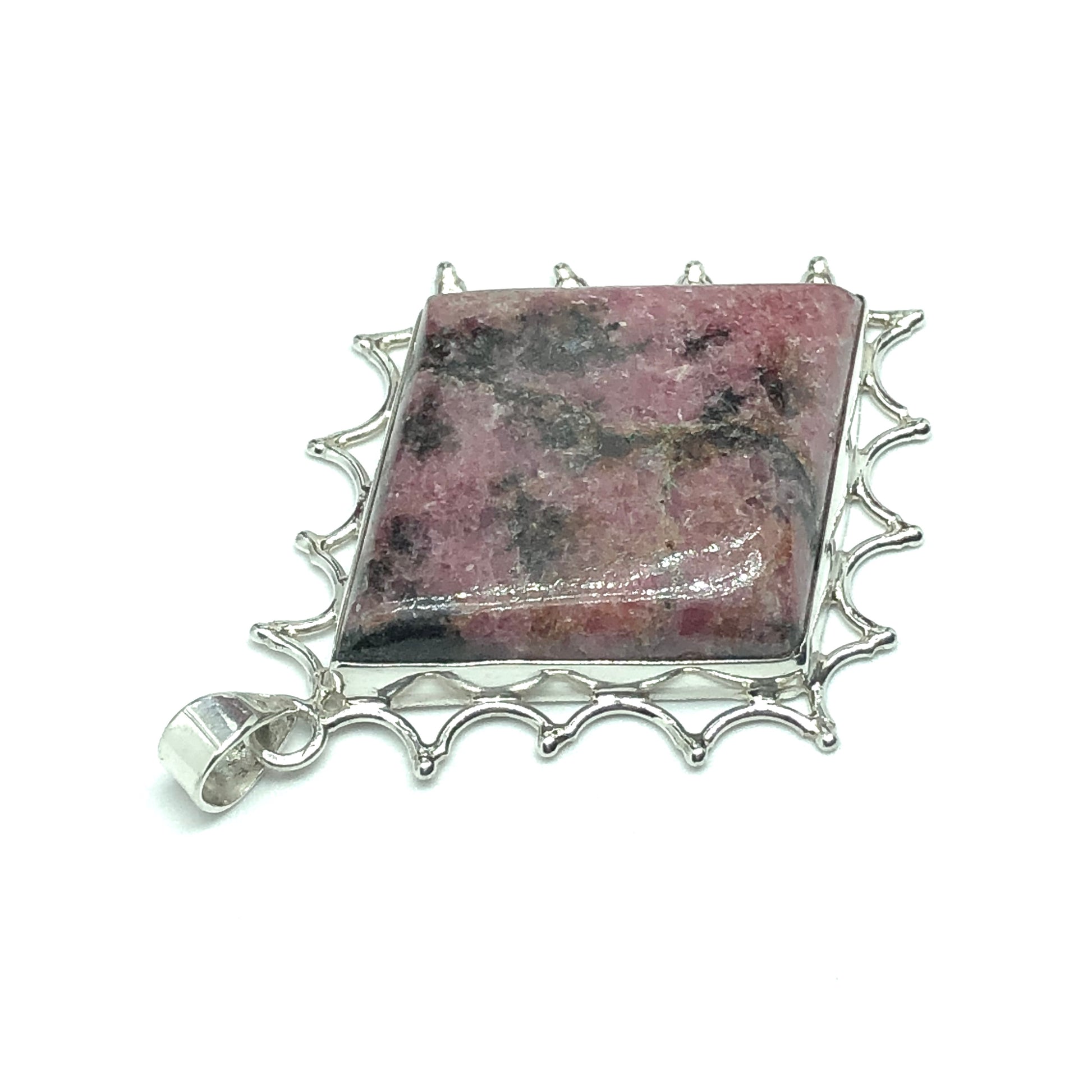 Jewelry Pendant | Big Sterling Silver Diamond Design Rhodonite Stone Pendant 