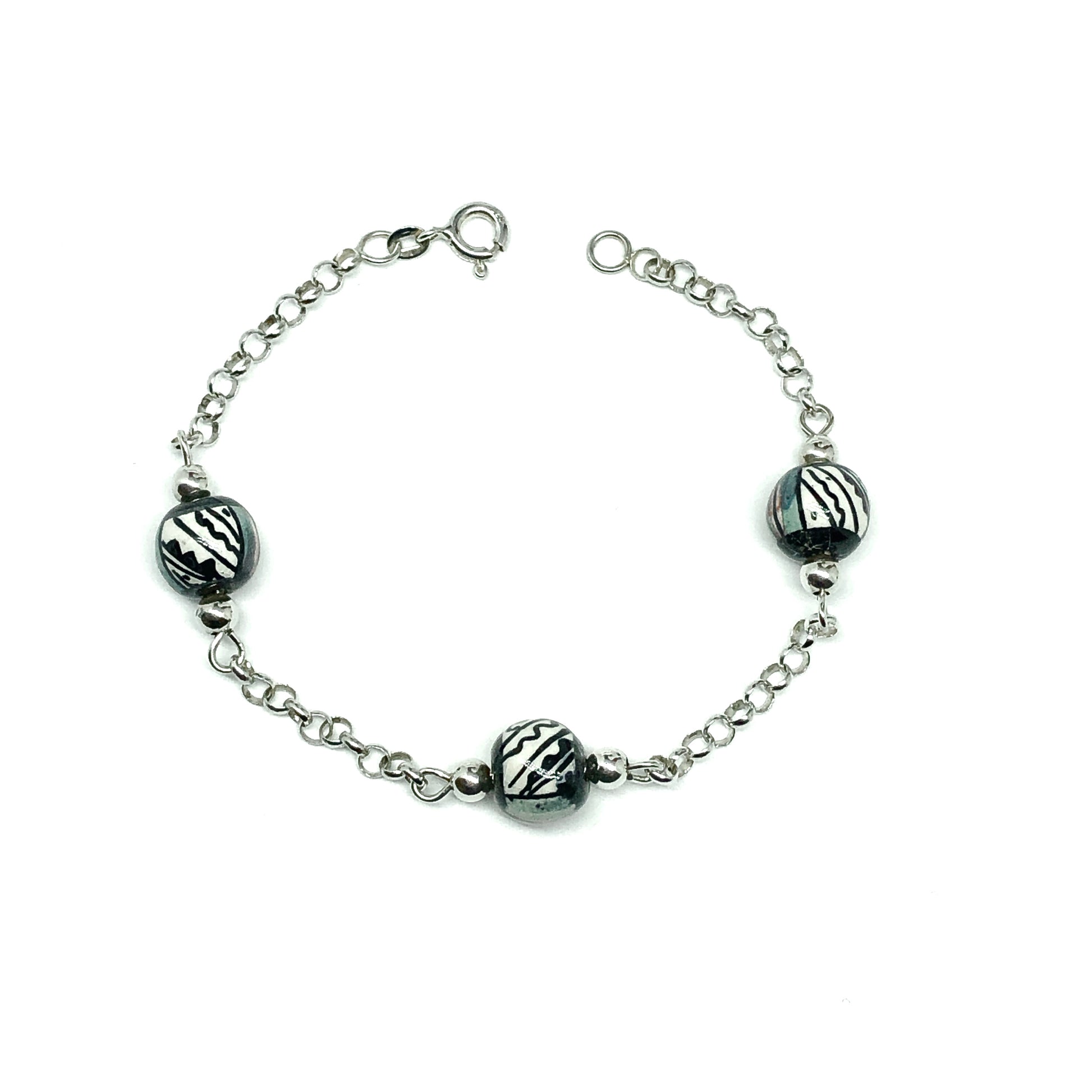 Bead Bracelet | Girls Italian Sterling Silver Porcelain Bead Bracelet 5.75 -6" | Discount Estate Jewelry online