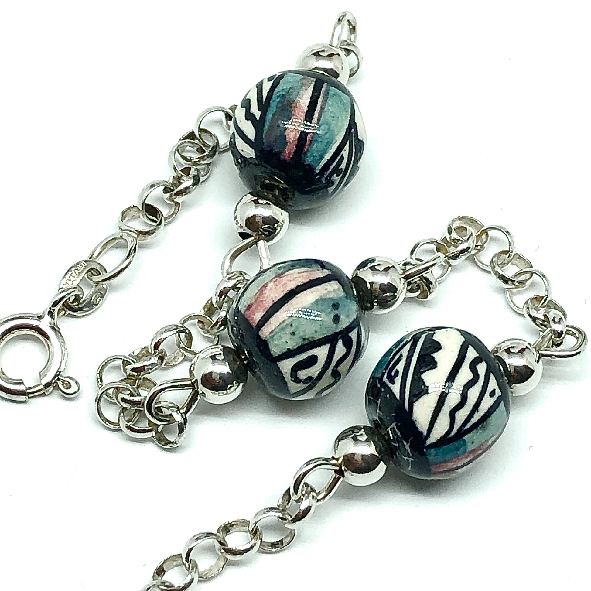Bead Bracelet | Girls Italian Sterling Silver Porcelain Bead Bracelet 5.75 -6" | Discount Estate Jewelry online at Blingschlingers