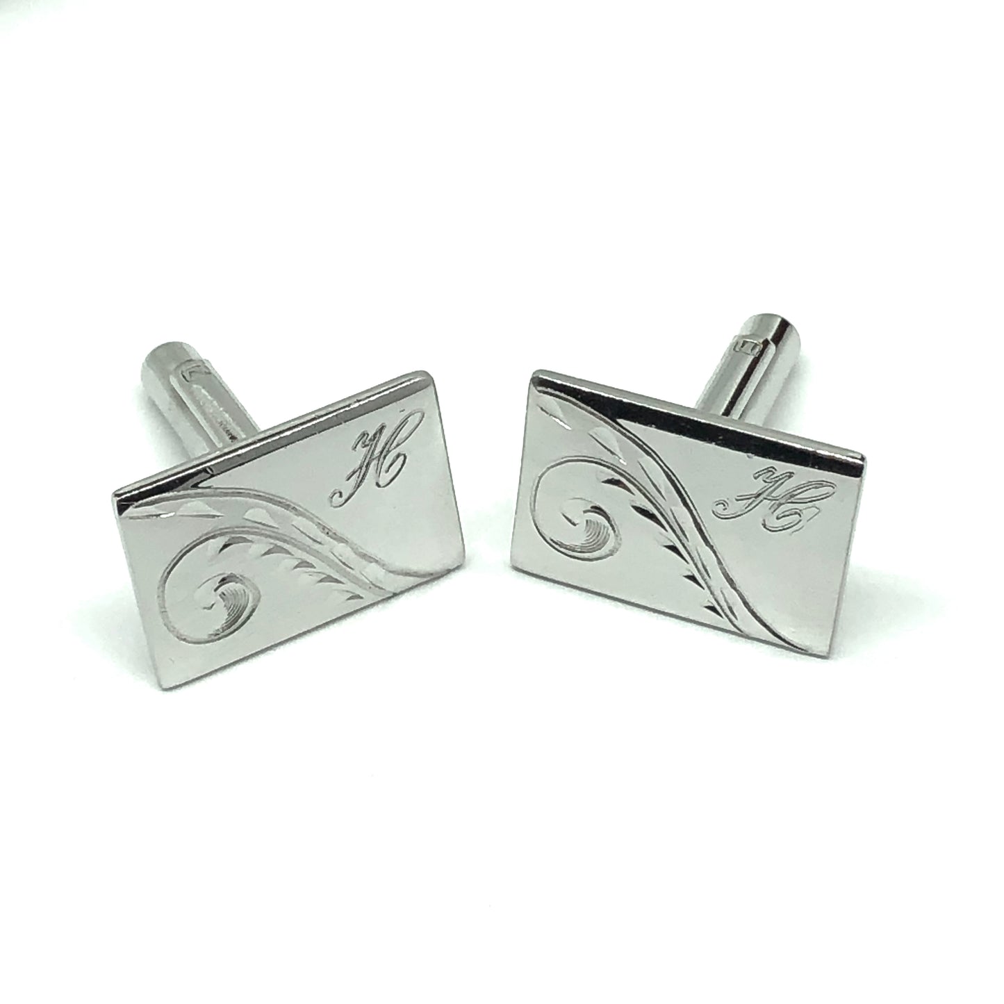 Vintage Jewelry | Mens Vintage Rectangle Monogram H Scrolling Quill Design Silver Cufflinks