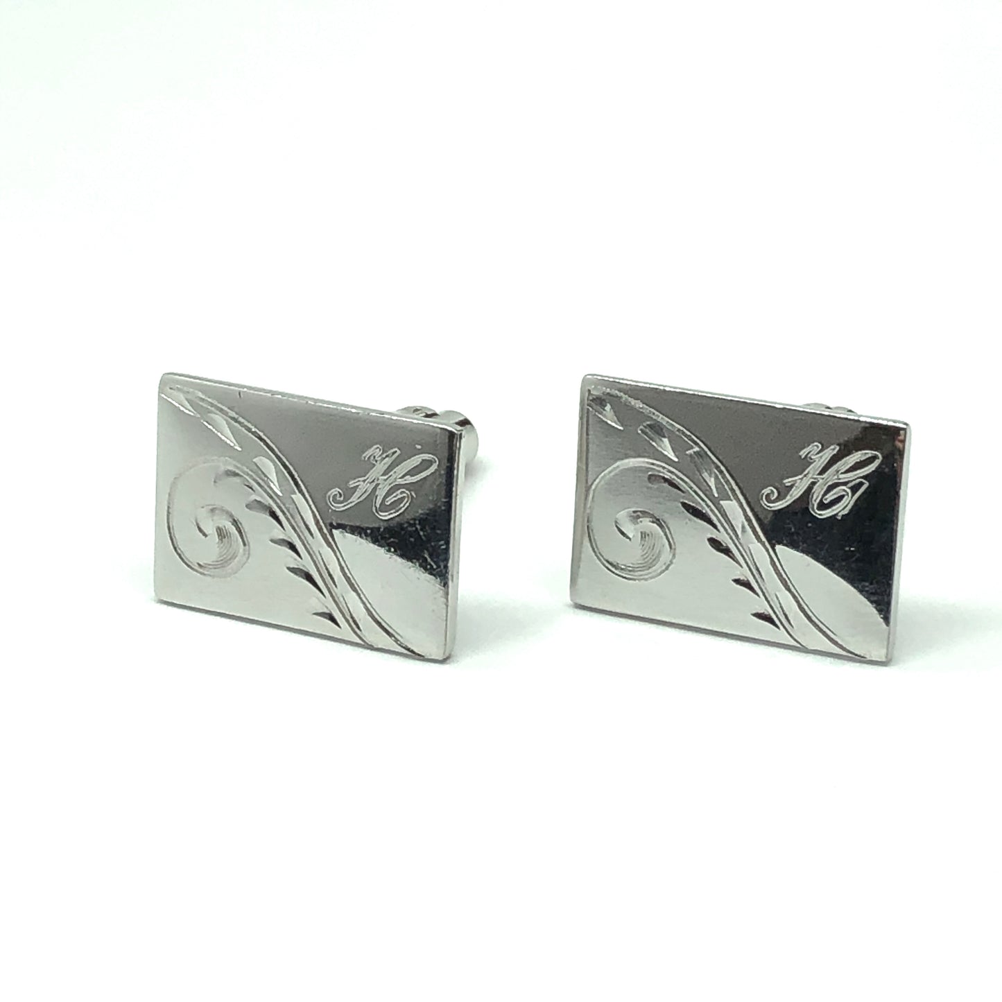 Vintage Jewelry | Mens Vintage Rectangle Monogram H Scrolling Quill Design Silver Cufflinks