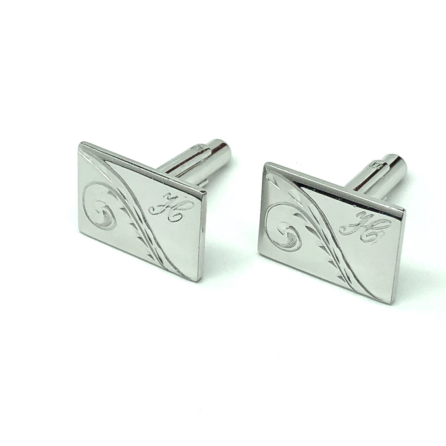 Vintage Jewelry | Mens Vintage Rectangle Monogram H Scrolling Quill Design Silver Cufflinks