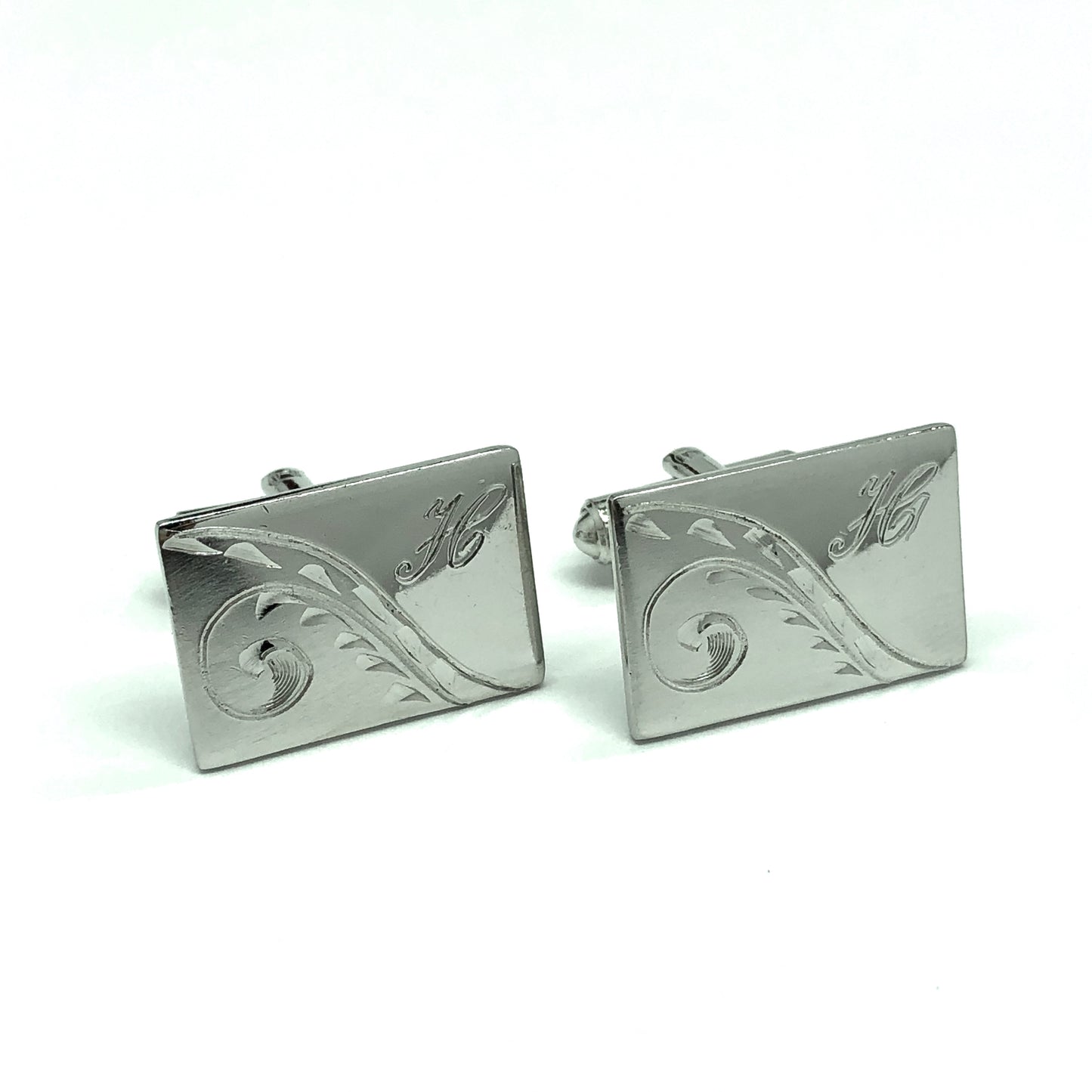 Vintage Jewelry | Mens Vintage Rectangle Monogram H Scrolling Quill Design Silver Cufflinks