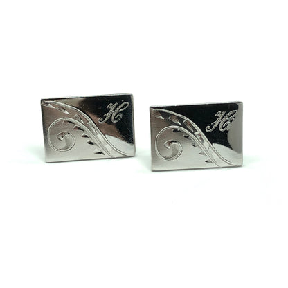 Vintage Jewelry | Mens Vintage Rectangle Monogram H Scrolling Quill Design Silver Cufflinks