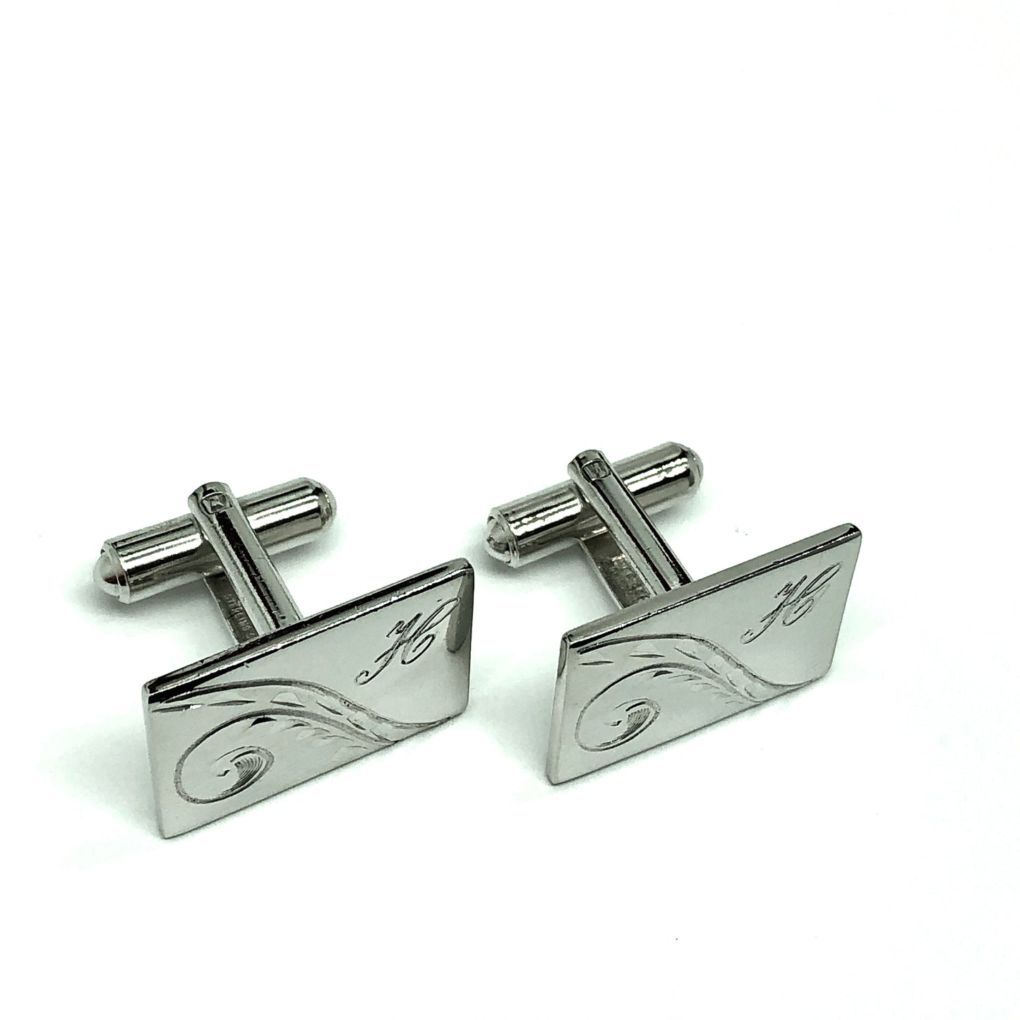 Vintage Jewelry | Mens Vintage Rectangle Monogram H Scrolling Quill Design Silver Cufflinks