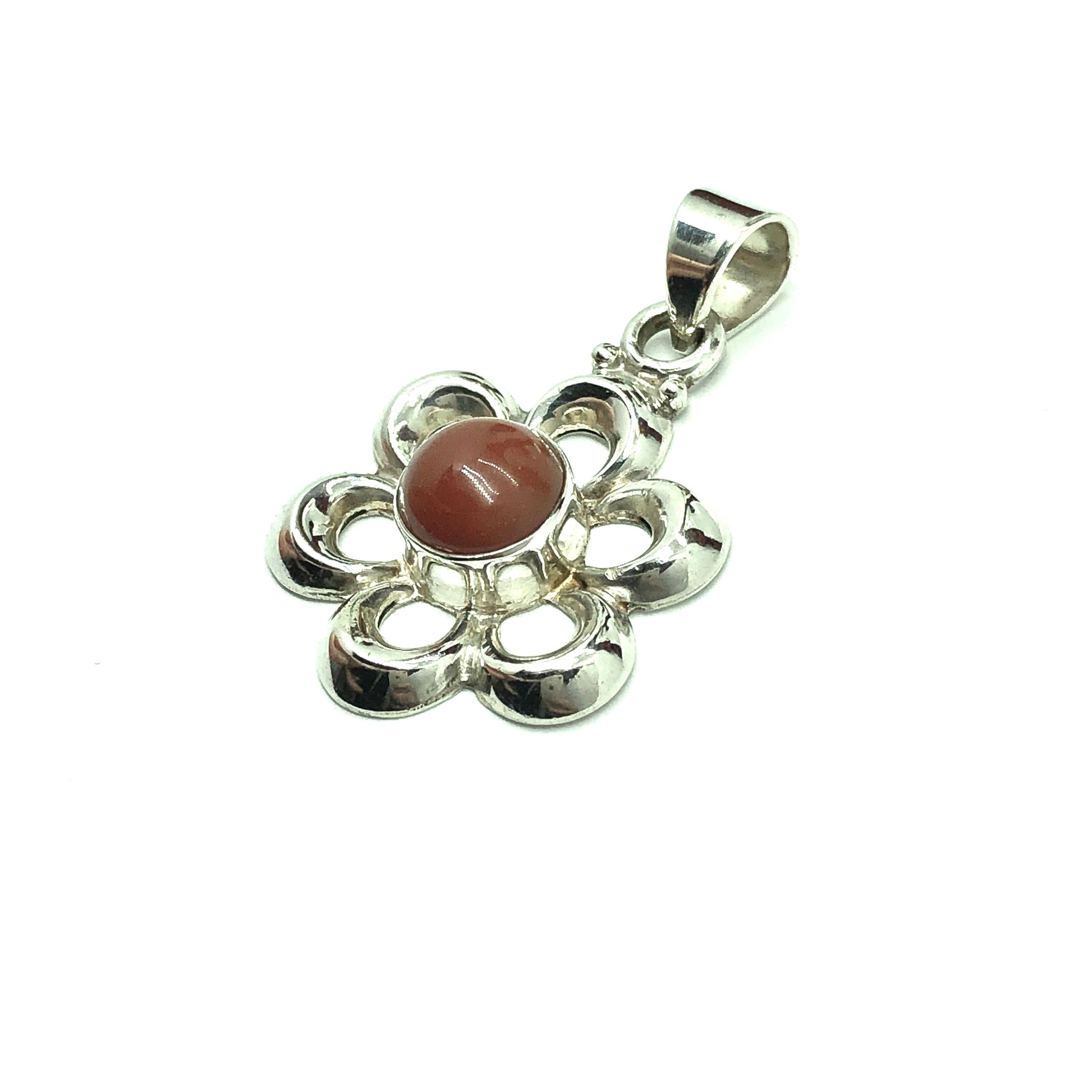 Jewelry Pendant | Mens Womens Sterling Silver Burnt Orange Carnelian Stone Flower Pendant