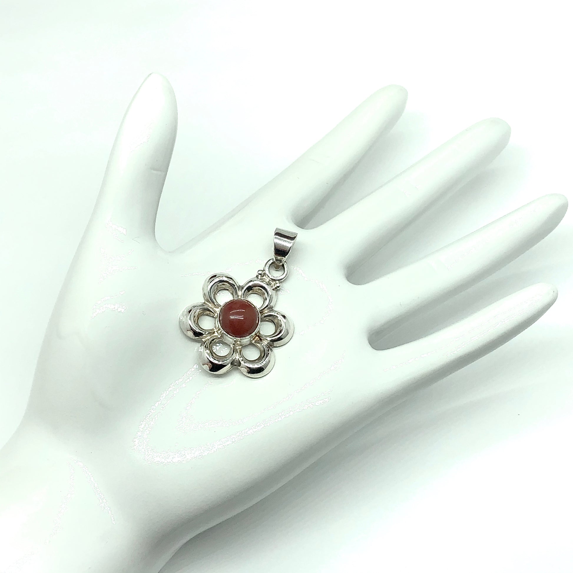 Jewelry Pendant | Mens Womens Sterling Silver Burnt Orange Carnelian Stone Flower Pendant