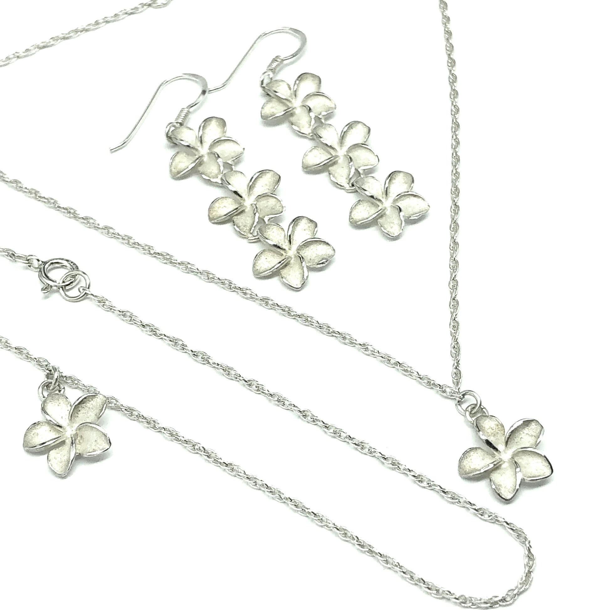 Ankle Bracelet 11.25 in | Matching Set 20" Sterling Silver Plumeria Flower Necklace, Earrings Bracelet Jewelry Set