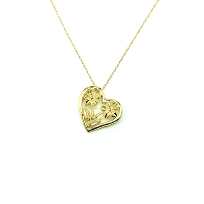 Pendant | Womens 10k Yellow Gold Sandblasted Diamond Cut Floral Heart Pendant - Blingschlingers Jewelry