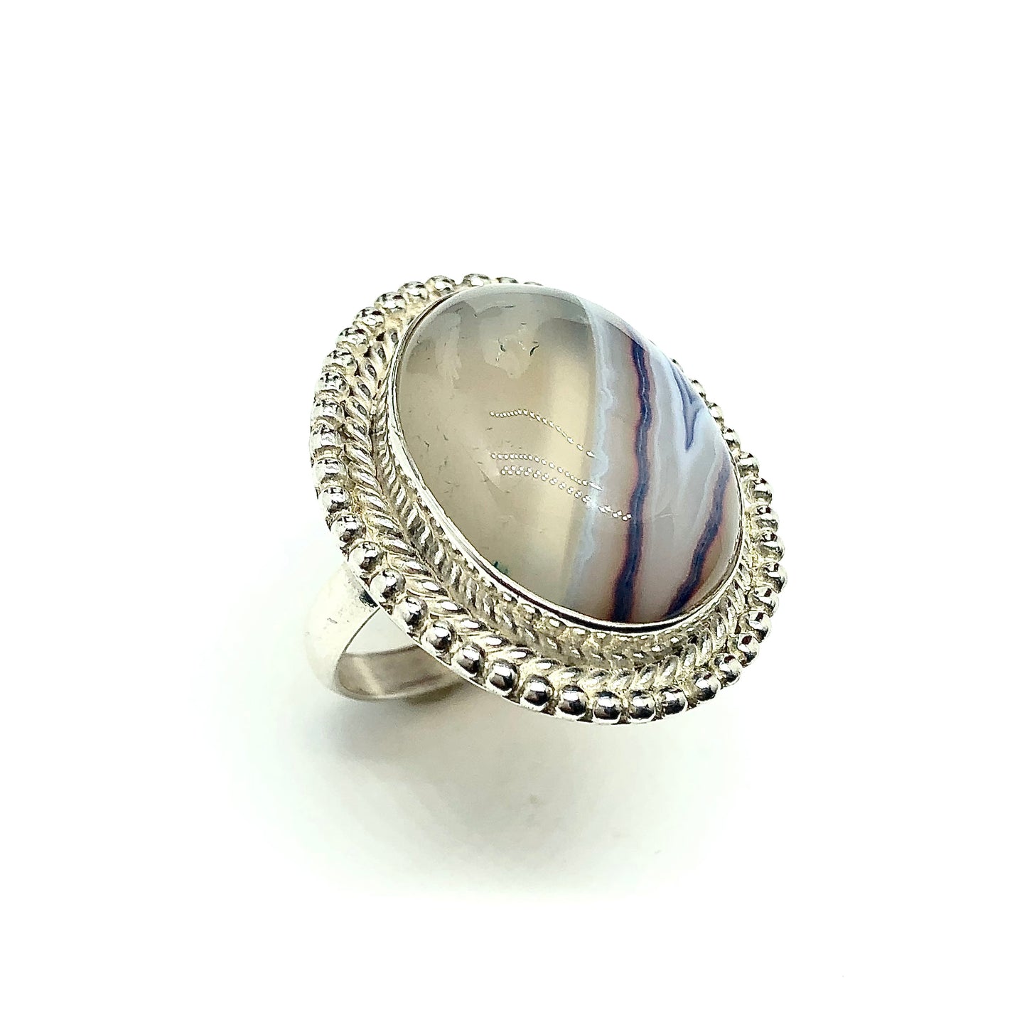 Big Stone Ring, Men's Women's size 9.5 Large Denim Blue Banded Agate Stone Sterling Silver Ring