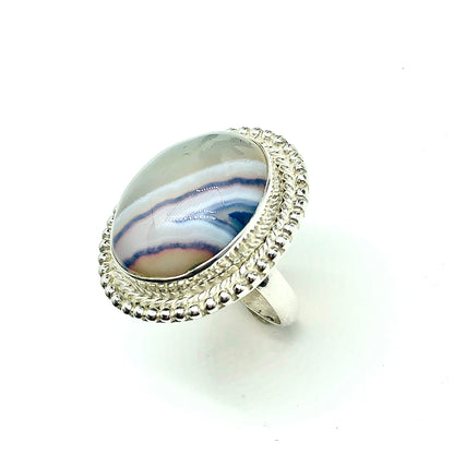 Big Stone Ring, Men's Women's size 9.5 Large Denim Blue Banded Agate Stone Sterling Silver Ring