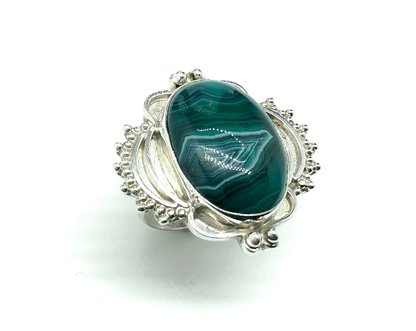 Big Ring, Sterling Silver Teal Green Bold Banded Agate Stone Statement Ring - Blingschlingers Jewelry