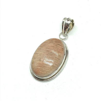 Sterling Silver Banded Neutral Tone Oval Cut Stone Pendant