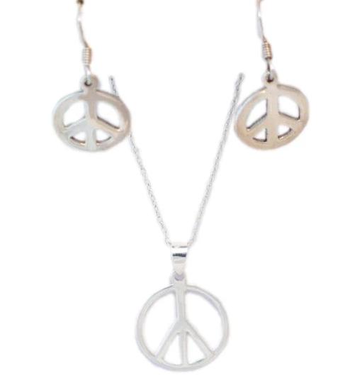 Statement Jewelry, Sterling Silver Peace Sign Symbol Design Earrings & Pendant Necklace set