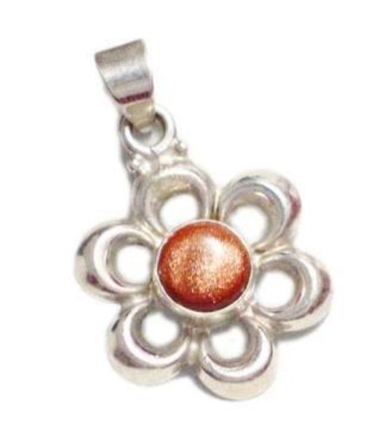 Sterling Silver Pendant, Mens Womens Shimmery Coppery Goldstone Flower Design Pendant
