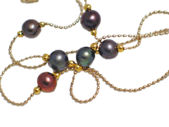 Womens Pearl Necklace 14k Gold Ball Link Station Chain Necklace w/ Peacock Pearls 16