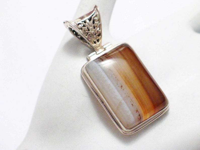 Pendant | Sterling Silver Shades Amber Ale Banded Agate Stone Pendant | Jewelry