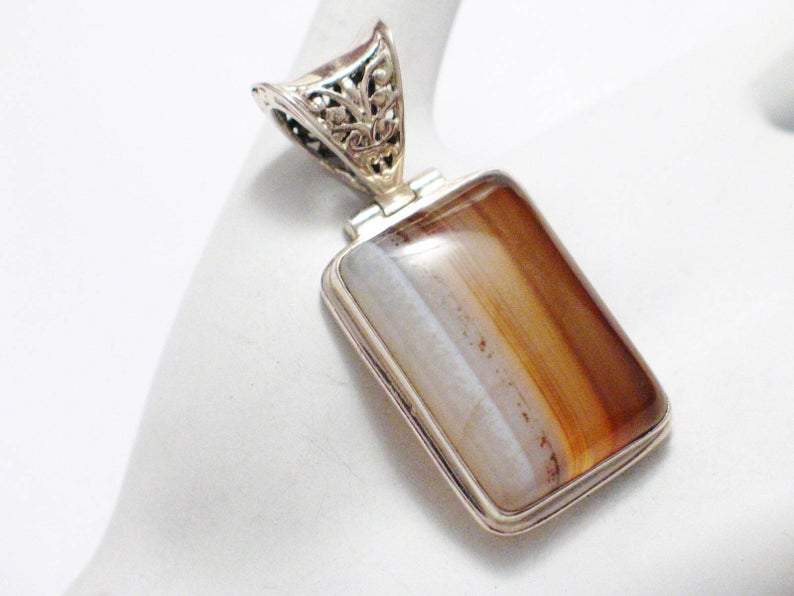 Stone Pendant, Mens Womens Amber Ale Banded Agate Sterling Silver Pendant