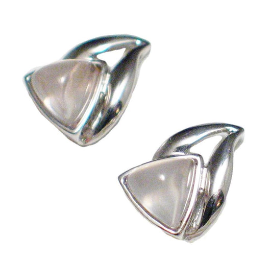 Stud Earrings, Sterling Silver Wavy Triangle Design Rose Quartz Stone Earrings