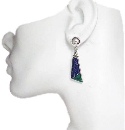 Dangle Earrings, Sterling Silver Purple Charoite Green Malachite Color Block Triangle Design Dangle Earrings - Estate Jewelry