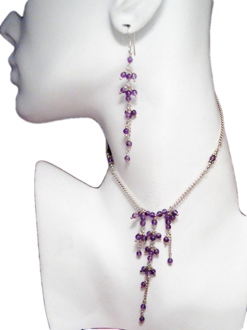 Amethyst Necklace, Sterling Silver Long Beaded Purple Amethyst Stone Earrings & 18 inch Y Tassel Necklace set