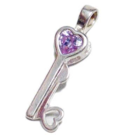 Birthstone Jewelry, Womens Pre-owned Purple Cz Heart Sterling Silver Key Design Pendant
