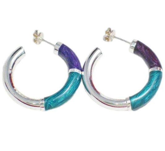 Earrings | Imperfect Sterling Silver Purple Green Enamel Tube Hoop Earrings | Jewelry