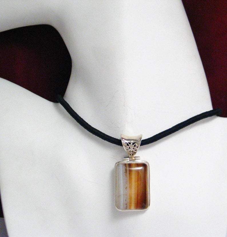 Stone Pendant, Mens Womens Amber Ale Banded Agate Sterling Silver Pendant