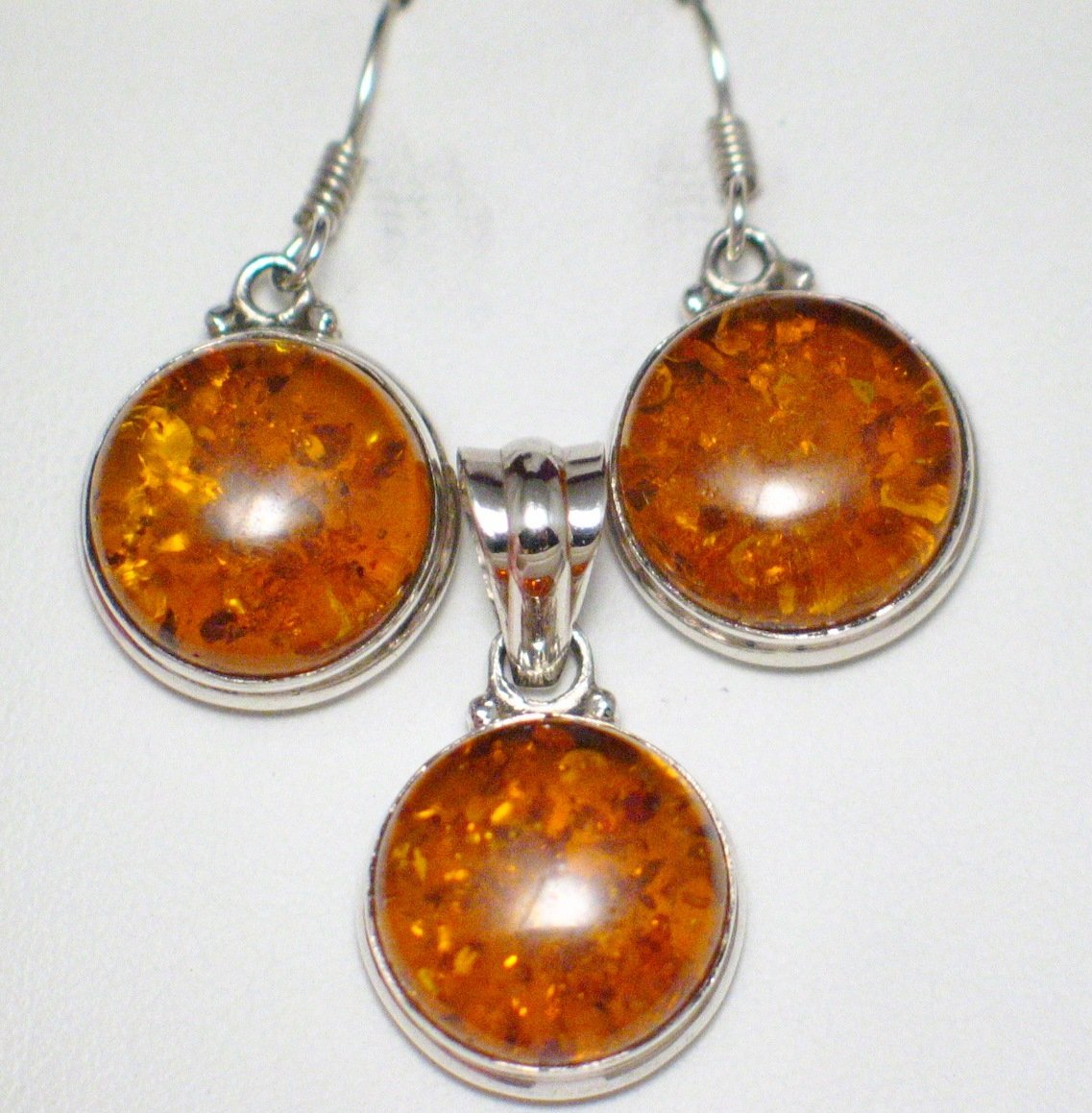 Silver Earrings & Pendant Set | Sterling Silver Bold Circle Amber Stone Pendant Earrings | Womens Discount Overstock Jewelry online at www.Blingschlingers.com