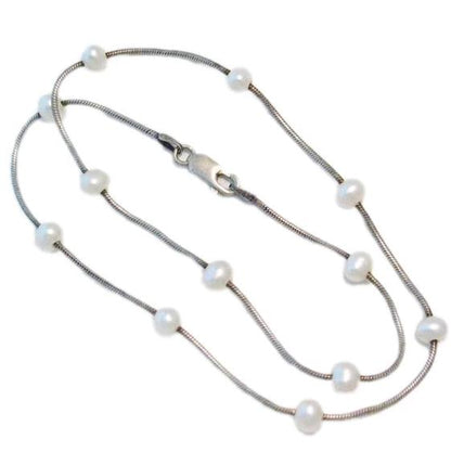 Silver Necklaces | Sterling Silver White Pearl Station Chain Necklace 16" | Fashion Jewelry