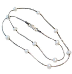 Silver Necklaces | Sterling Silver White Pearl Station Chain Necklace 16" | Fashion Jewelry