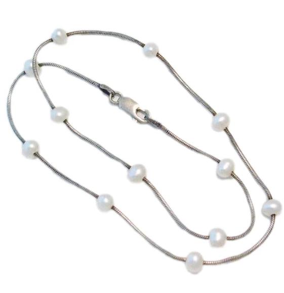 Silver Necklaces | Sterling Silver White Pearl Station Chain Necklace 16