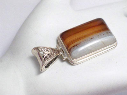 Pendant | Sterling Silver Shades Amber Ale Banded Agate Stone Pendant | Jewelry