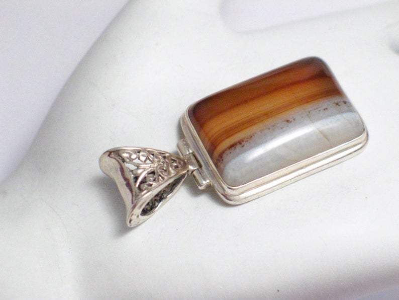 Stone Pendant, Mens Womens Amber Ale Banded Agate Sterling Silver Pendant