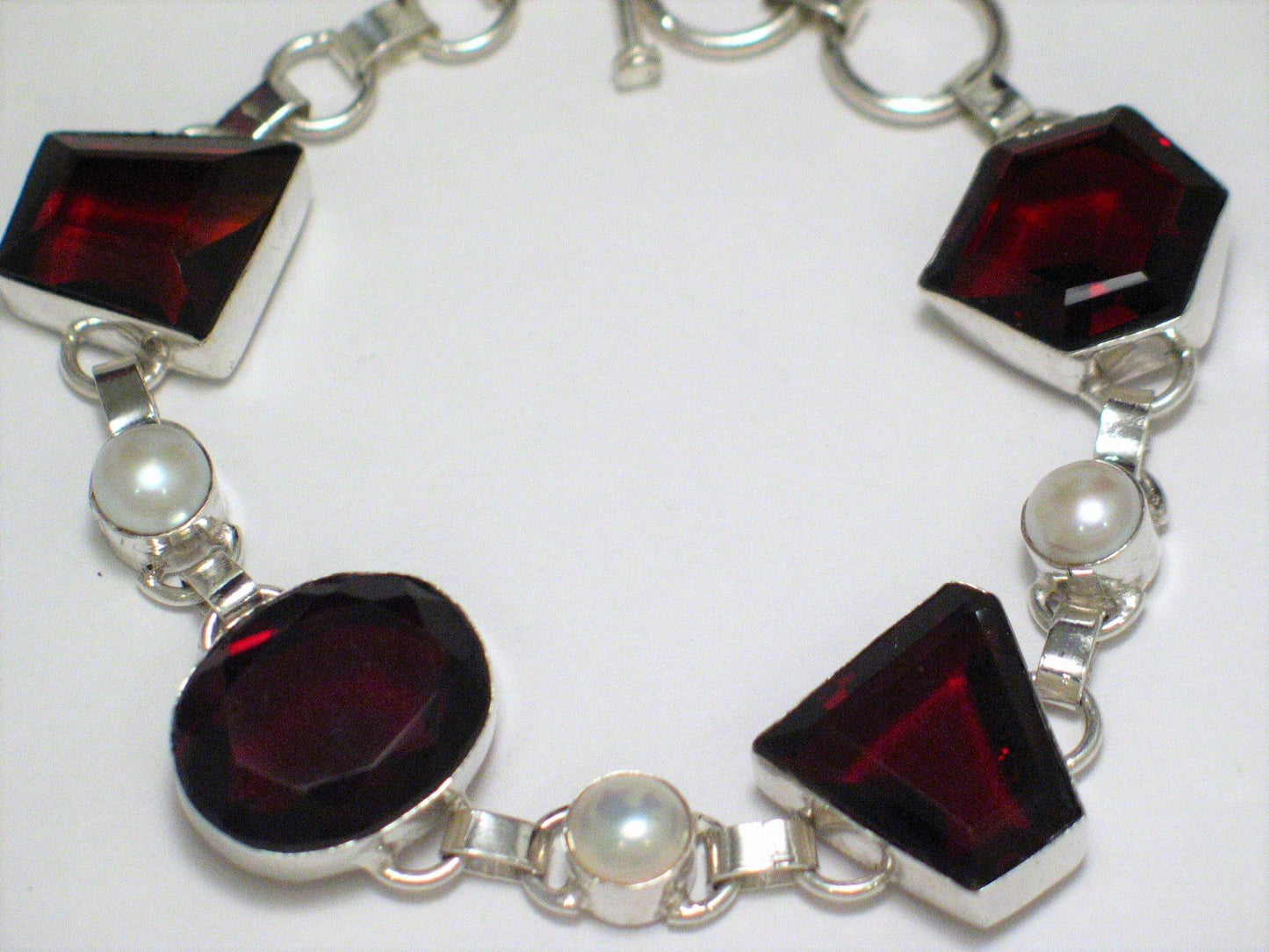 Sterling Silver Bracelet , Toggle Style 8" Big Chunky Red Stone Pearl Tennis Bracelet 